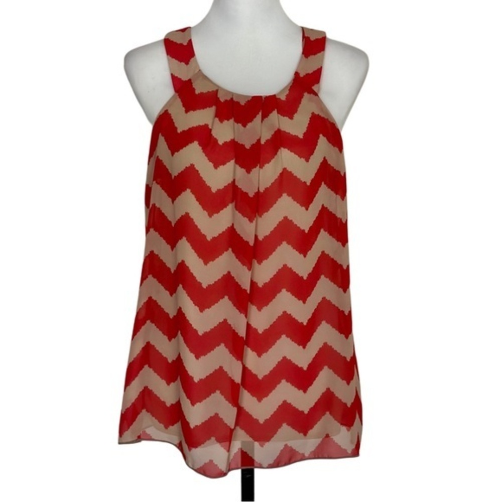 BCX Chevron Pleated Keyhole Back Red Tan Women Top Large